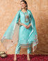 Trendy Designer Party Wear Readymade Salwar Suit Sky Blue Linen Cotton Pant Straight Front View