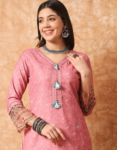 Trendy Designer Party Wear Readymade Salwar Suit Peach Linen Cotton Pant Straight Back View