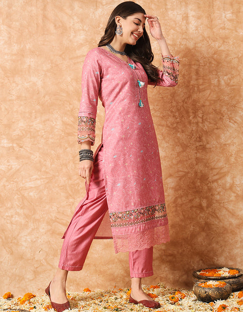 Trendy Designer Party Wear Readymade Salwar Suit Peach Linen Cotton Pant Straight Side View