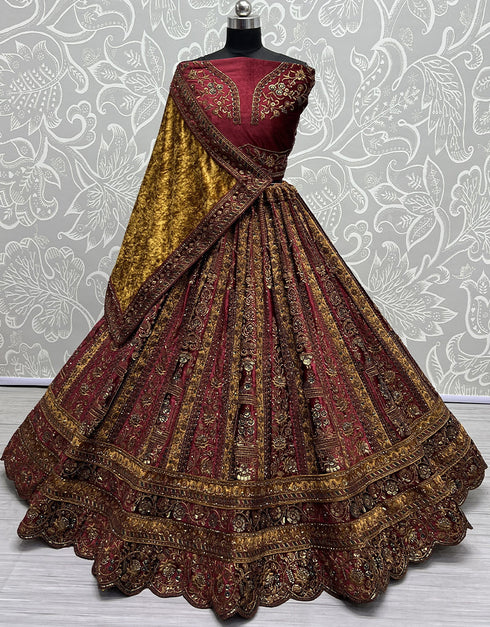 Designer Traditional Wedding Wear Lehenga Choli Maroon Velvet Lehenga Choli Close-up View