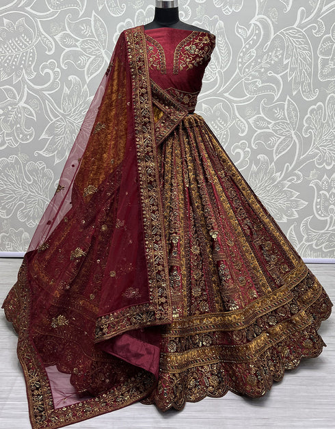 Designer Traditional Wedding Wear Lehenga Choli Maroon Velvet Lehenga Choli Front View