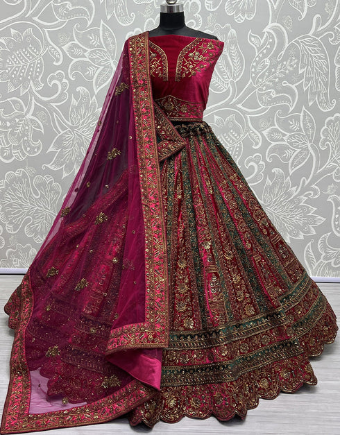 Designer Traditional Wedding Wear Lehenga Choli Pink Velvet Lehenga Choli Front View