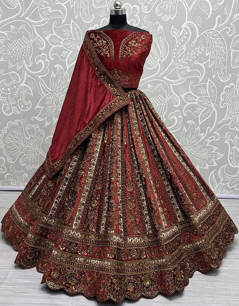 Designer Traditional Wedding Wear Lehenga Choli Red Velvet Lehenga Choli Close-up View