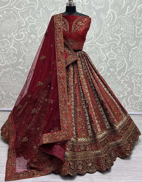 Designer Traditional Wedding Wear Lehenga Choli Red Velvet Lehenga Choli Front View