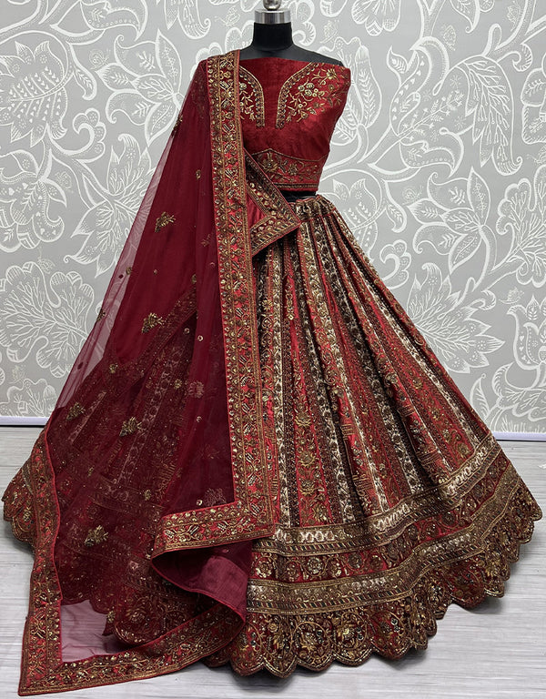 Designer Traditional Wedding Wear Lehenga Choli Red Velvet Lehenga Choli Front View
