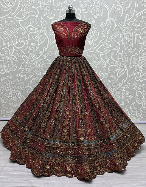Designer Traditional Wedding Wear Lehenga Choli Maroon Velvet Lehenga Choli Back View