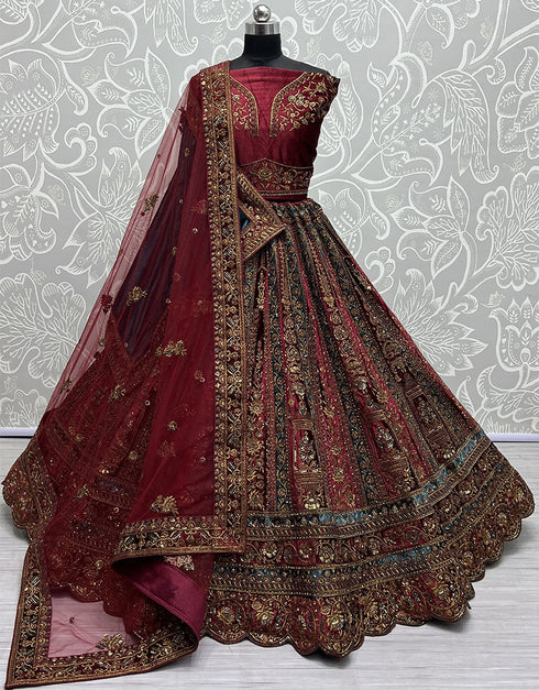 Designer Traditional Wedding Wear Lehenga Choli Maroon Velvet Lehenga Choli Front View