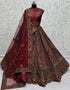 Designer Traditional Wedding Wear Lehenga Choli Maroon Velvet Lehenga Choli Front View