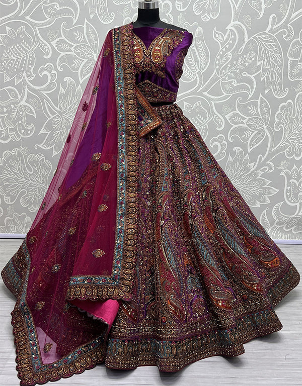 Designer Traditional Wedding Wear Lehenga Choli Purple Velvet Lehenga Choli Front View
