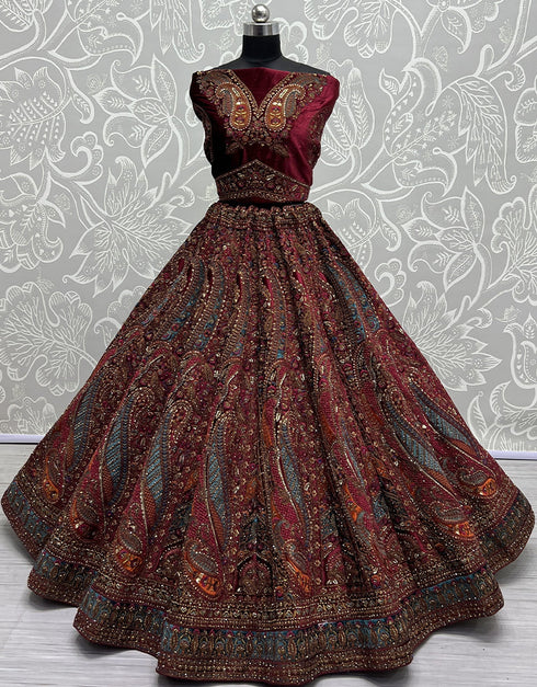 Designer Traditional Wedding Wear Lehenga Choli Maroon Velvet Lehenga Choli Back View
