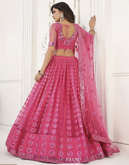 Designer Traditional Wedding Wear Lehenga Choli Pink Butterfly Net Lehenga Choli Close-up View