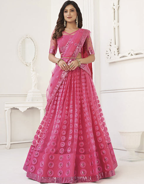 Designer Traditional Wedding Wear Lehenga Choli Pink Butterfly Net Lehenga Choli Front View