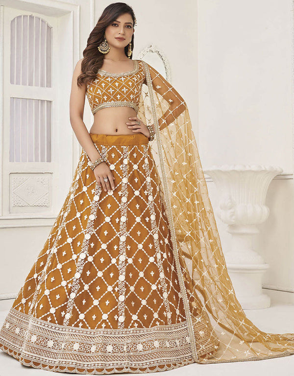 Designer Traditional Wedding Wear Lehenga Choli Rust Butterfly Net Lehenga Choli Front View
