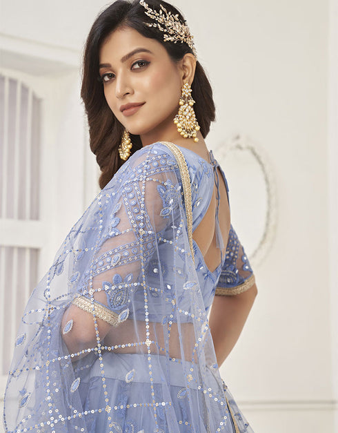 Designer Traditional Wedding Wear Lehenga Choli Blue Butterfly Net Lehenga Choli Back View