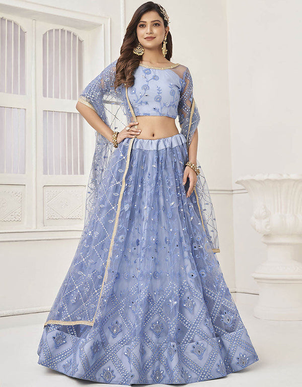 Designer Traditional Wedding Wear Lehenga Choli Blue Butterfly Net Lehenga Choli Front View