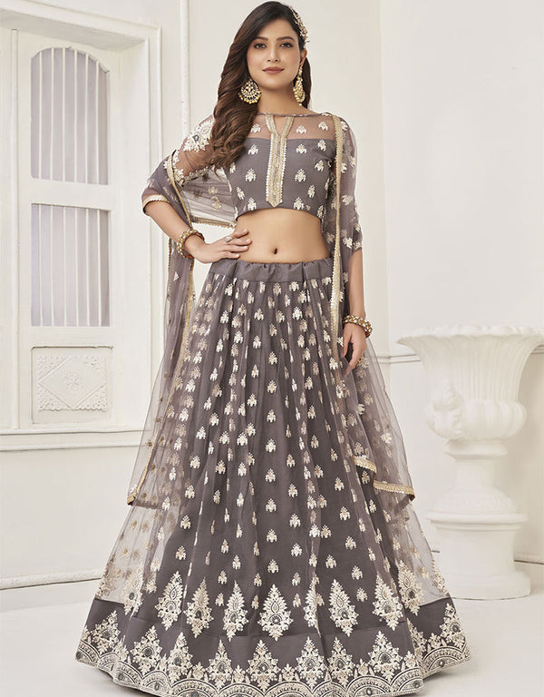 Designer Traditional Wedding Wear Lehenga Choli Grey Butterfly Net Lehenga Choli Front View