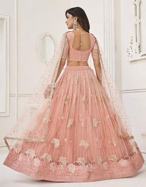 Designer Traditional Wedding Wear Lehenga Choli Peach Butterfly Net Lehenga Choli Close-up View