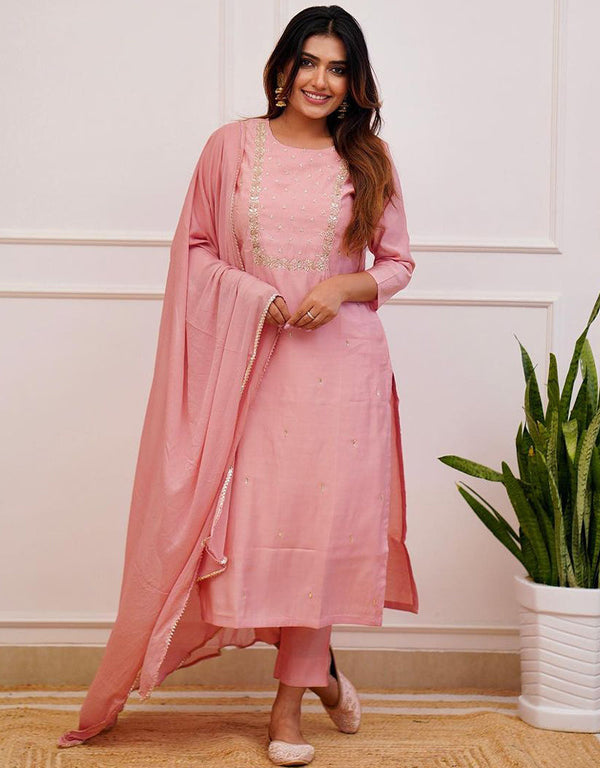 Trendy Designer Party Wear Readymade Salwar Suit Peach Rayon Slub Pant Straight Front View