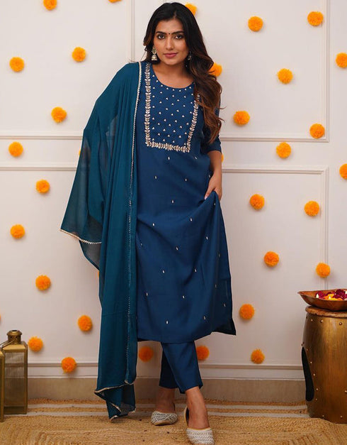 Trendy Designer Party Wear Readymade Salwar Suit Petrol Rayon Slub Pant Straight Back View