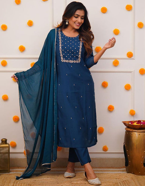 Trendy Designer Party Wear Readymade Salwar Suit Petrol Rayon Slub Pant Straight Front View