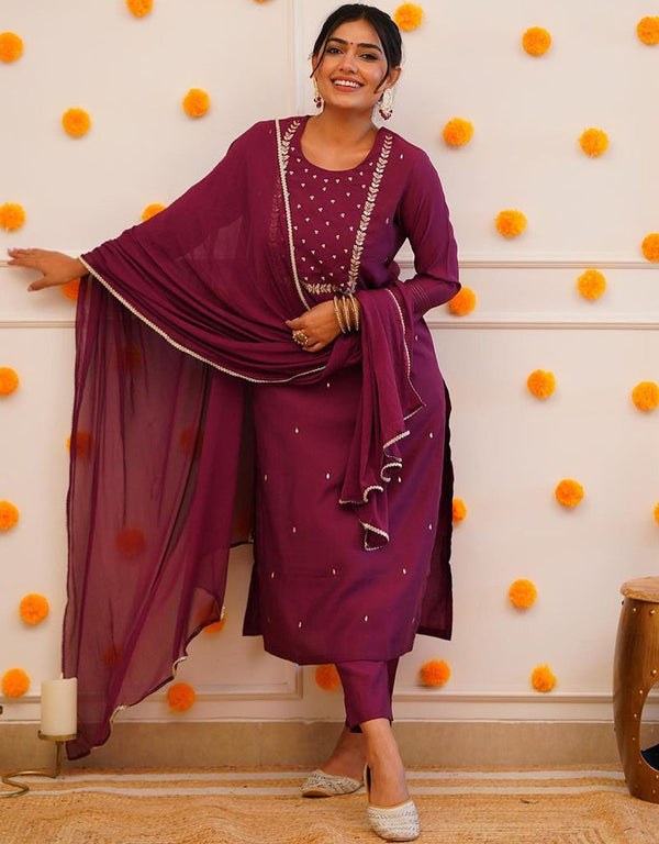 Trendy Designer Party Wear Readymade Salwar Suit Wine Rayon Slub Pant Straight Front View