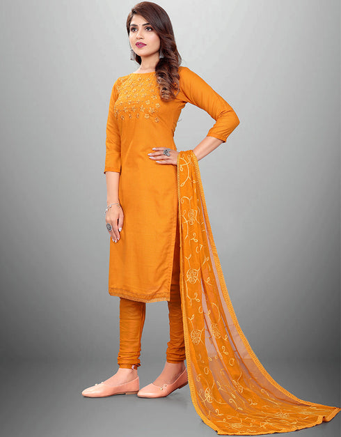 Trendy Designer Party Wear Salwar Suit Yellow Cotton Slub Pant Straight Back View