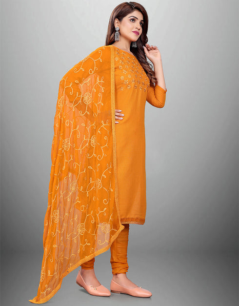 Trendy Designer Party Wear Salwar Suit Yellow Cotton Slub Pant Straight Front View
