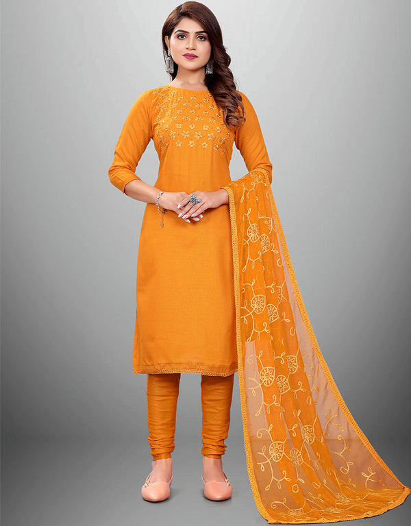 Trendy Designer Party Wear Salwar Suit Yellow Cotton Slub Pant Straight Front View