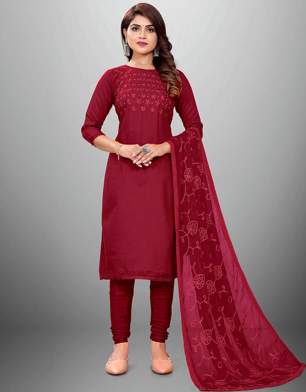 Trendy Designer Party Wear Salwar Suit Maroon Cotton Slub Pant Straight Front View