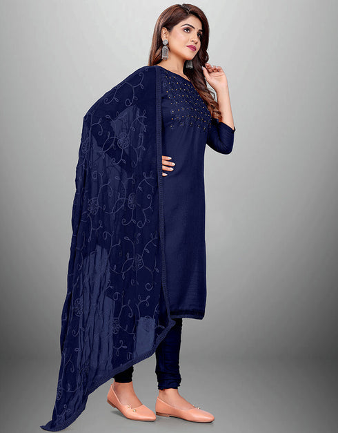 Trendy Designer Party Wear Salwar Suit Blue Cotton Slub Pant Straight Front View