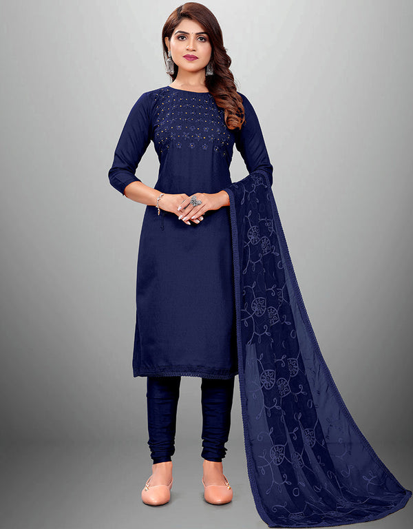 Trendy Designer Party Wear Salwar Suit Blue Cotton Slub Pant Straight Front View
