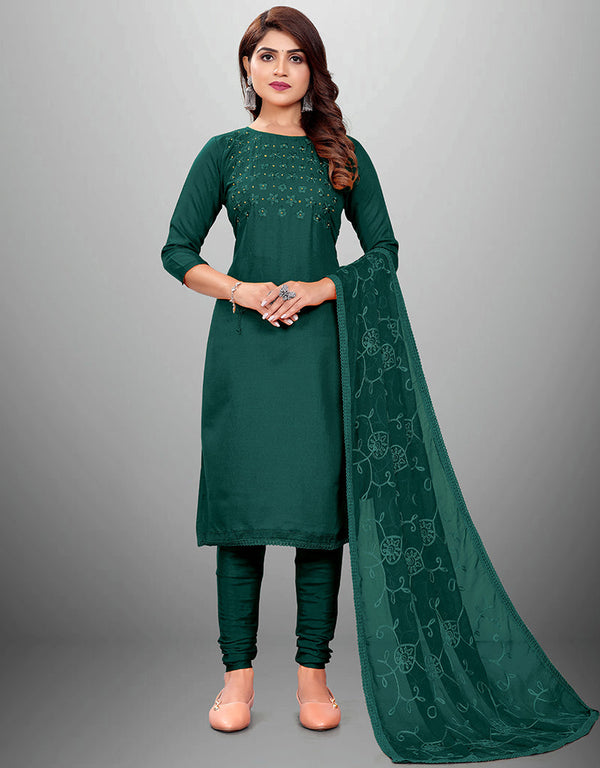 Trendy Designer Party Wear Salwar Suit Green Cotton Slub Pant Straight Front View