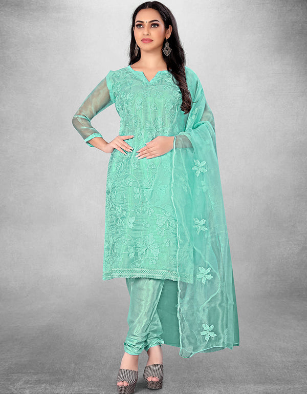 Trendy Designer Party Wear Salwar Suit Sea Green Organza Pant Straight Front View