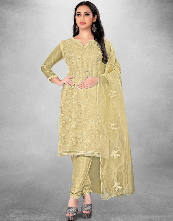 Trendy Designer Party Wear Salwar Suit Beige Organza Pant Straight Front View