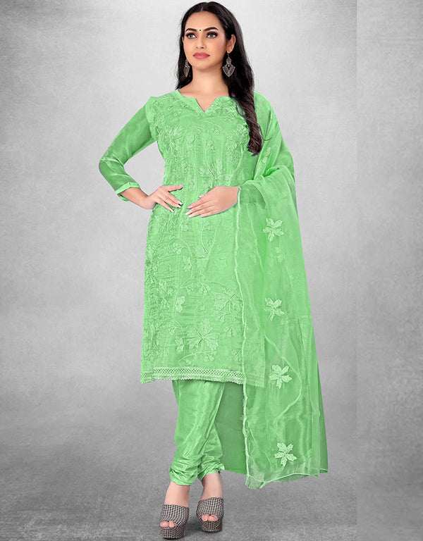 Trendy Designer Party Wear Salwar Suit Green Organza Pant Straight Front View