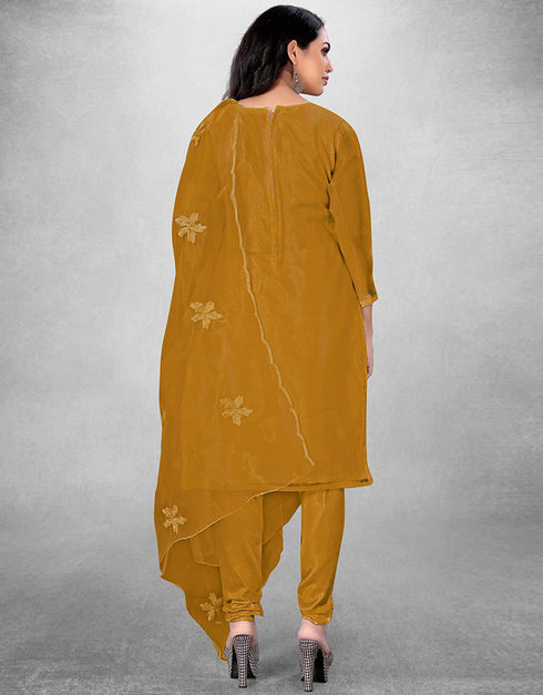 Trendy Designer Party Wear Salwar Suit Mustard Organza Pant Straight Close-up View