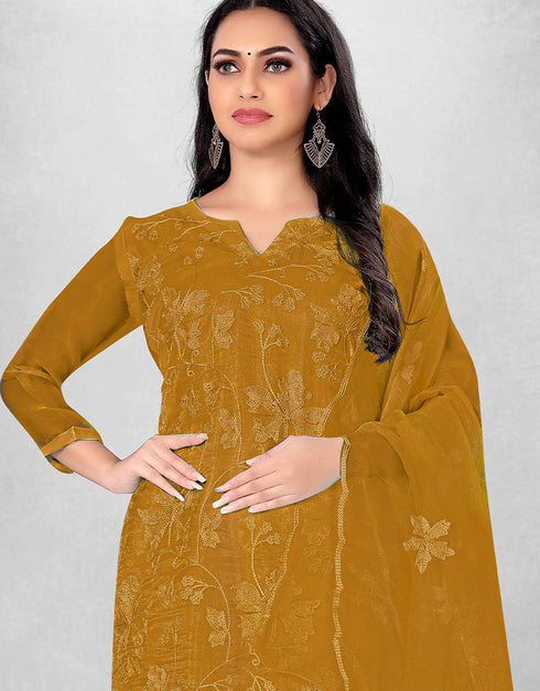 Trendy Designer Party Wear Salwar Suit Mustard Organza Pant Straight Back View