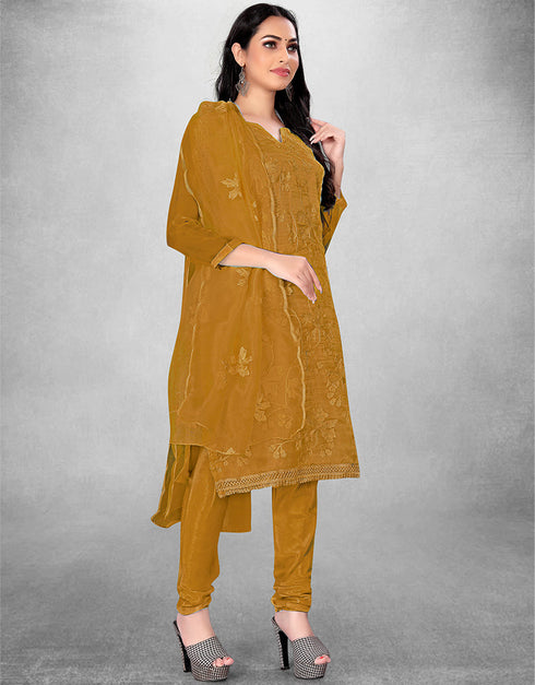 Trendy Designer Party Wear Salwar Suit Mustard Organza Pant Straight Front View