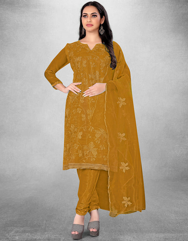 Trendy Designer Party Wear Salwar Suit Mustard Organza Pant Straight Front View