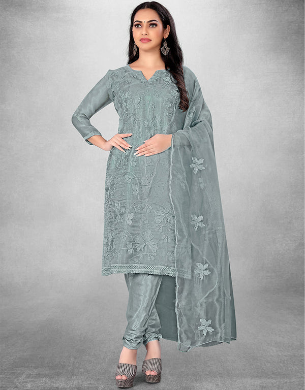 Trendy Designer Party Wear Salwar Suit Grey Organza Pant Straight Front View