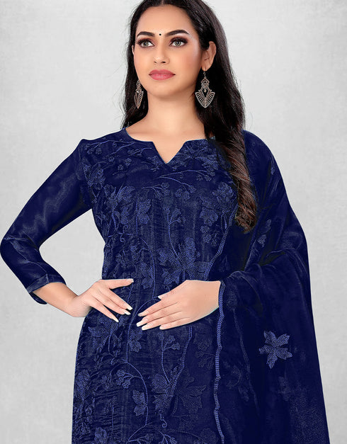 Trendy Designer Party Wear Salwar Suit Blue Organza Pant Straight Back View