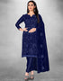 Trendy Designer Party Wear Salwar Suit Blue Organza Pant Straight Front View