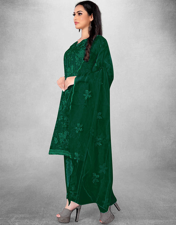 Trendy Designer Party Wear Salwar Suit Green Organza Pant Straight Front View
