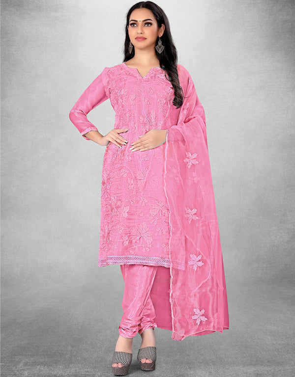 Trendy Designer Party Wear Salwar Suit Pink Organza Pant Straight Front View