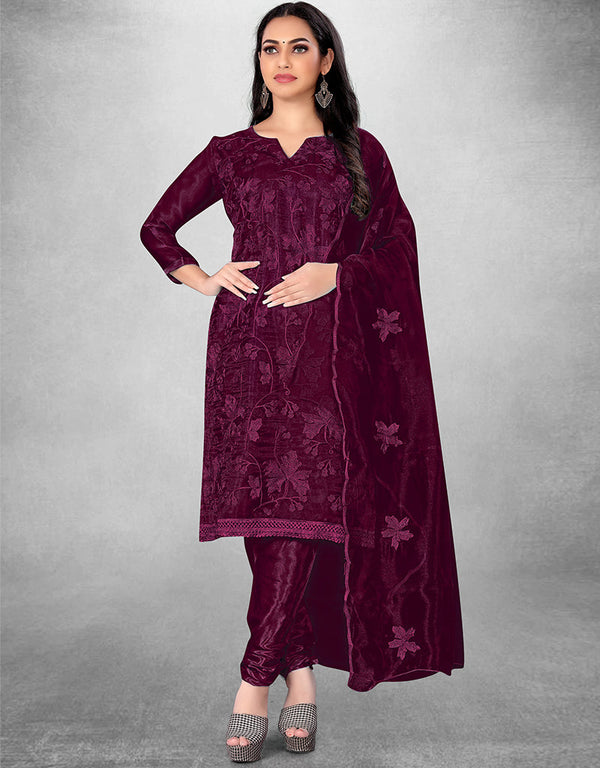 Trendy Designer Party Wear Salwar Suit Wine Organza Pant Straight Front View