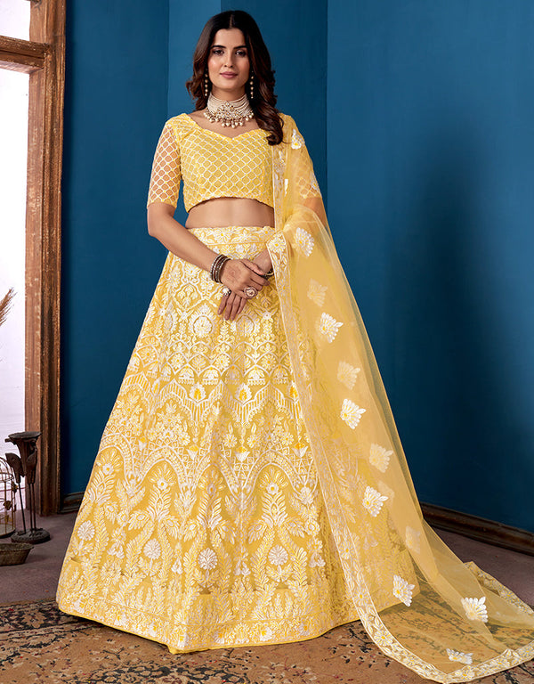 Designer Traditional Wedding Wear Lehenga Choli Yellow Net Lehenga Choli Front View