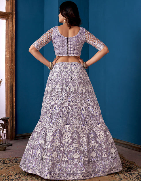 Designer Traditional Wedding Wear Lehenga Choli Grey Net Lehenga Choli Close-up View
