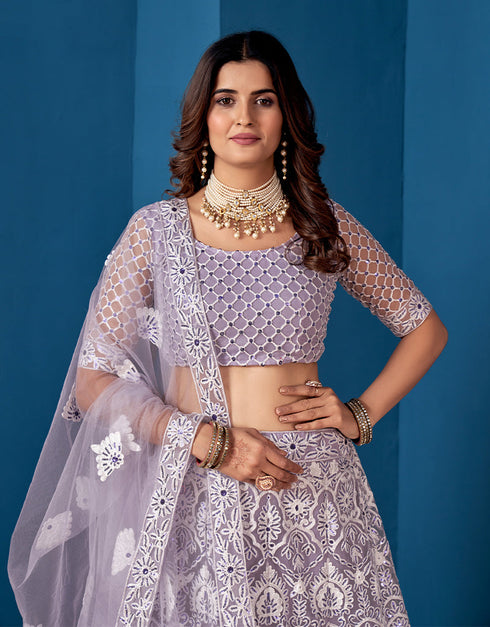 Designer Traditional Wedding Wear Lehenga Choli Grey Net Lehenga Choli Back View