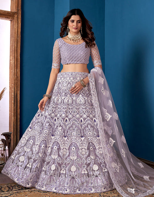 Designer Traditional Wedding Wear Lehenga Choli Grey Net Lehenga Choli Front View