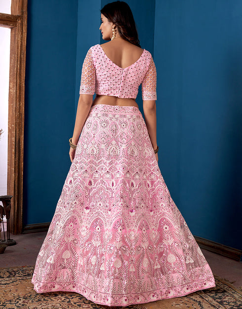 Designer Traditional Wedding Wear Lehenga Choli Pink Net Lehenga Choli Close-up View